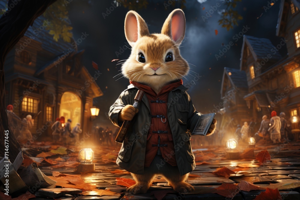 A bunny dressed as a detective inspecting a crime A bunny dressed as a detective inspecting a crime