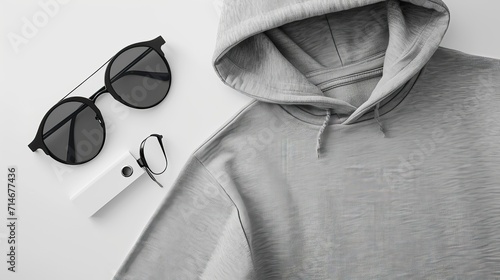 Top View Grey Sweater and Hoodie Mock-up Unisex Fashion  Book  Sunglasses 