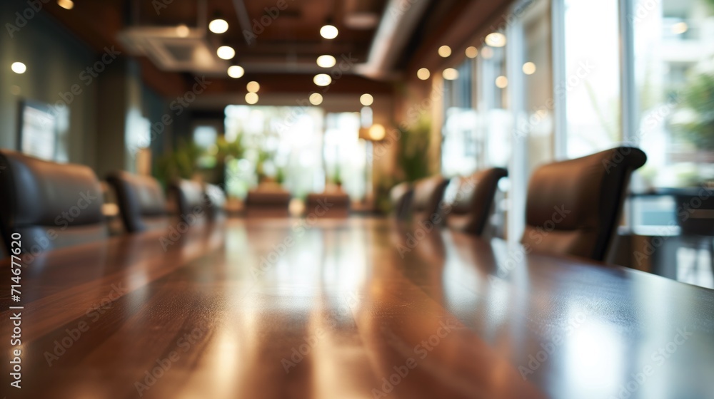 Empty spacious meeting table for product display on blurred conference room background. Wooden table in the boardroom in corporate environment, Corporate room, generative ai