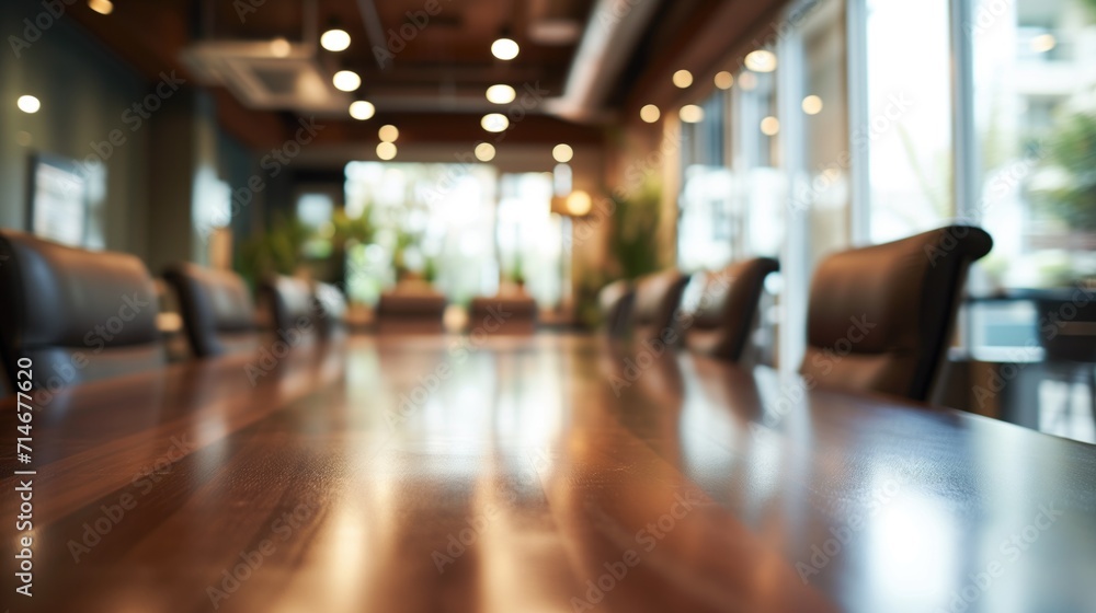 Empty spacious meeting table for product display on blurred conference room background. Wooden table in the boardroom in corporate environment, Corporate room, generative ai Empty spacious meeting table for product display on blurred conference room background. Wooden table in the boardroom in corporate environment, Corporate room, generative ai