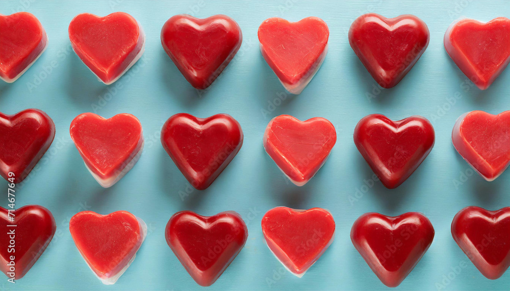 Red heart shaped soap arranged in order on light blue pastel background. Love, Valentine s day