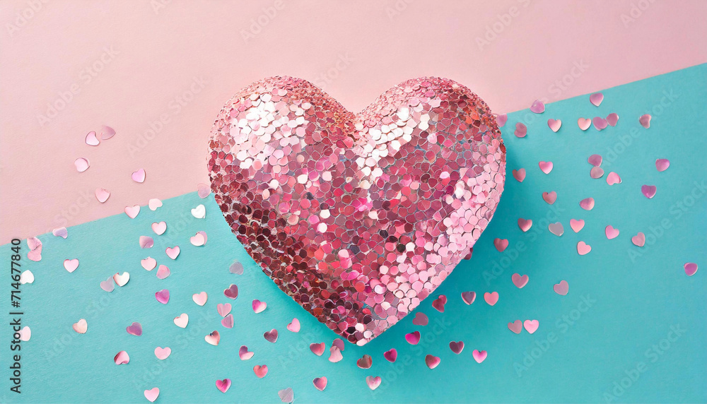 Heart of pink sequins on pink and blue pastel background. Valentine s day