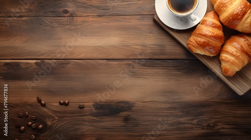 Coffee and bread in the photo on a brown wooden table