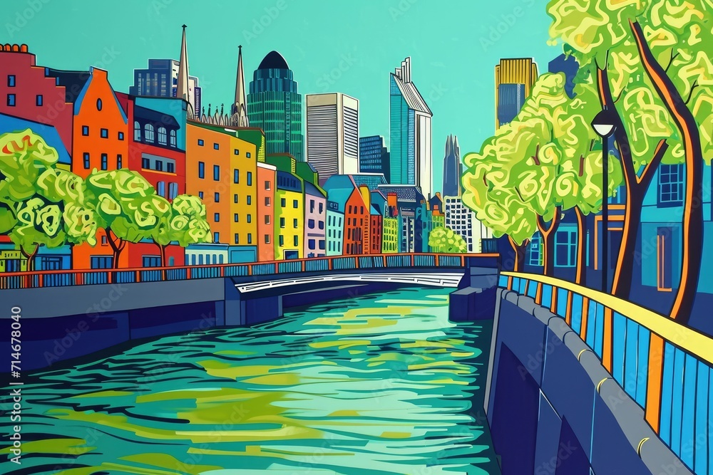 Naklejka premium Colorful style view of Dublin Ireland with Liffey river illustration