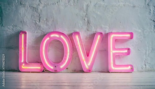 Neon sign that says the word Love in pastel pink colours photo