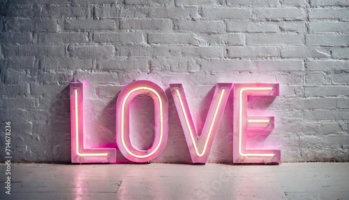 Neon sign that says the word Love in pastel pink colours, on a white wall background photo