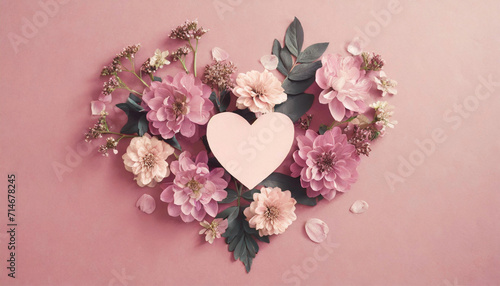 Flowers, paper heart over punchy pastel background. Spring, summer or garden concept, love, Valentine s day