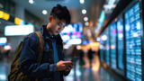 Young asian man in international airport, using mobile smartphone and checking flight at the flight information board, Tourist journey trip concept, generative ai