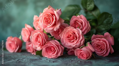 Bouquet of pink roses on the background of a wall in a room in daylight. Mother day. Floral background. Holiday postcard mockup. Soft selective focus. Space for text. Banner. Copy spac : Generative AI