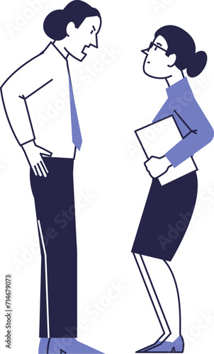The boss yells at the secretary. Reprimand in the office.