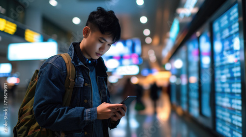 Young asian man in international airport, using mobile smartphone and checking flight at the flight information board, Tourist journey trip concept, generative ai photo