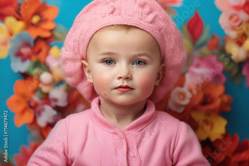 Cute little baby girl in pink clothes and hat on floral background