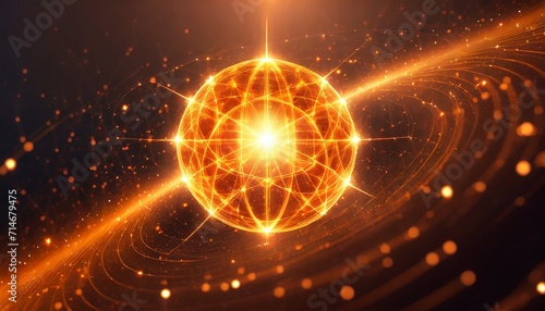 orange energy sphere with glowing bright particles atom with electrons and elektric magic field scientific futuristic hi tech abstract background photo