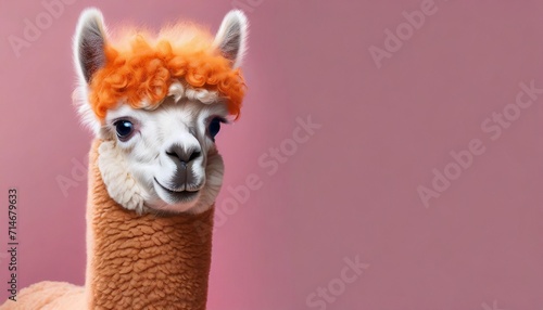 advertising portrait banner funny alpaca with orange hair looks straight on pink background © Paris