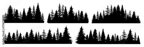 Set of vintage fir tree and coniferous forest silhouette. Mountain forest nature or seamless botanical background. Winter pine or christmas tree garden landscape. Social media decoration clip art icon