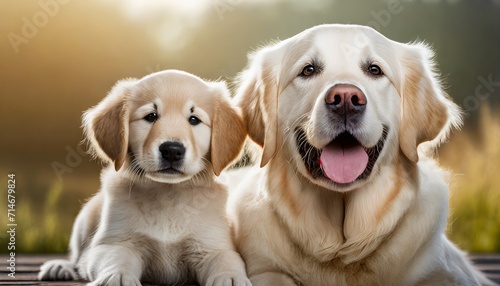 happy golden retriever puppy and adult dog on background photo