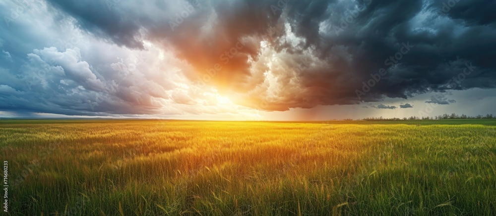 Sunny panorama of grassy field under dark rain clouds. - obrazy, fototapety, plakaty 