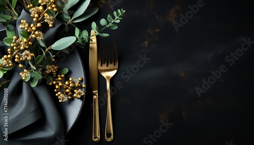 Golden cutlery table setting for christmas or new year s banner on black stone with copy space