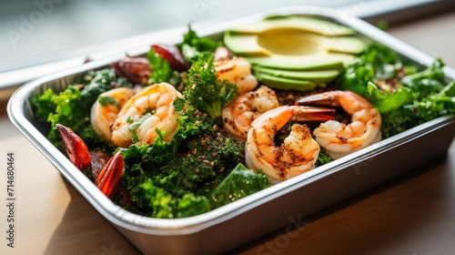 A close-up of a delicious and nutritious meal in an aluminium box, featuring a kale and avocado salad with grilled shrimp. chicken and salad