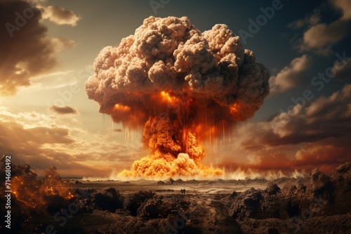 Terrifying scene of a nuclear bomb explosion with mushroom cloud.