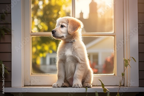 Adorable labrador puppy sitting in a bright room with natural sunlight shining through the window