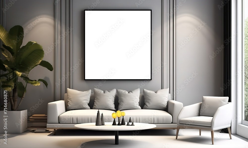 A modern home interior design with an empty white frame attached to the wall and a sofa in front of it. generative AI A modern home interior design with an empty white frame attached to the wall and a sofa in front of it. generative AI