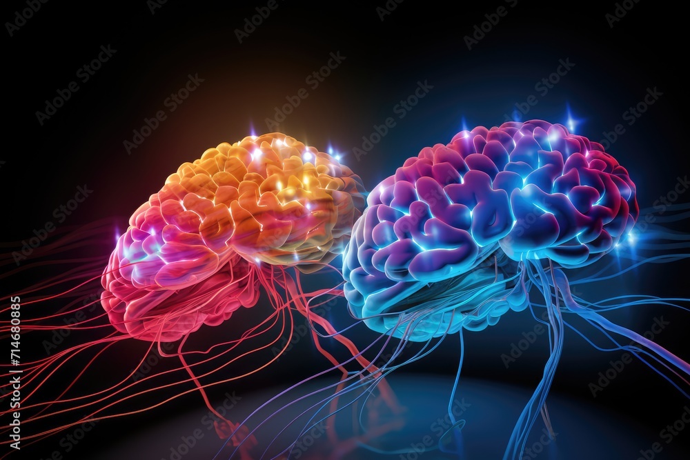 Fototapeta premium Brain love— dance of neurotransmitters. Amorous Love drug happy chemicals Axon blissful molecules. Dopamine to oxytocin, neurochemical happiness, intimacy, tenderness, endearment, emotional connection