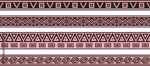 Vector set of pink and black Native American ornamental seamless borders. Framework of the peoples of America, Aztecs, Maya, Incas..