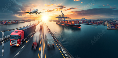 The truck transports goods overland, the ship crosses calm waters, and the plane takes flight into the sky - a harmonious interplay of different means of transport.