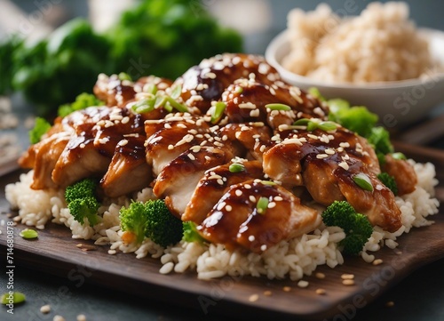Teriyaki chicken with rice, sesame seeds and parsley