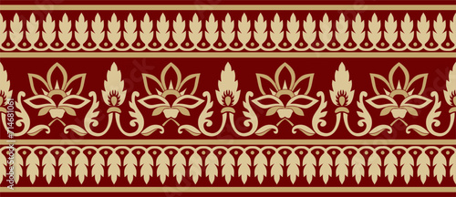 Vector seamless gold and red Indian national ornament. Ethnic endless plant border. Flowers frame. Poppies and leaves..