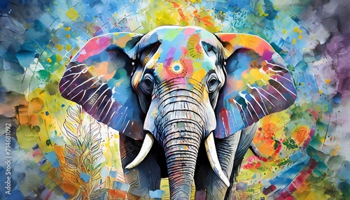 colorful painting of a elephant with creative abstract elements as background © Paris