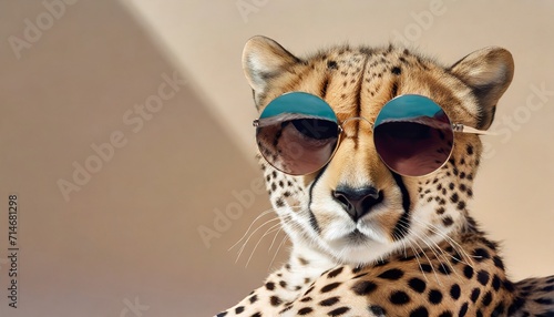 creative animal concept cheetah in sunglass shade glasses on solid pastel background commercial editorial advertisement surreal surrealism © Paris