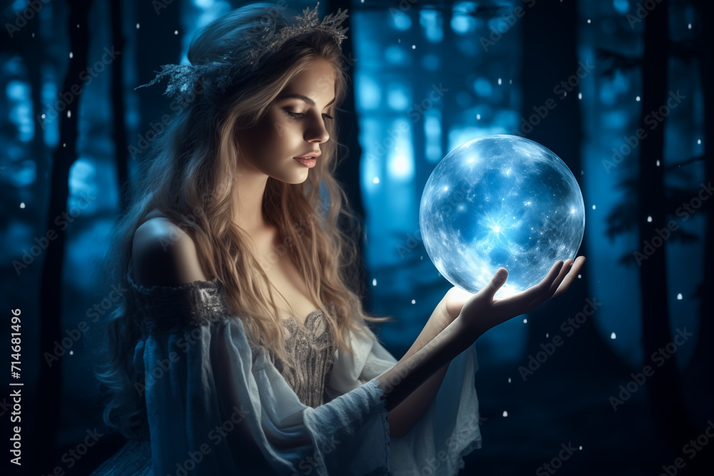 Naklejka premium Beautiful girl on a night with a magic ball. Astrology and Zodiac Concept. Generative Ai.