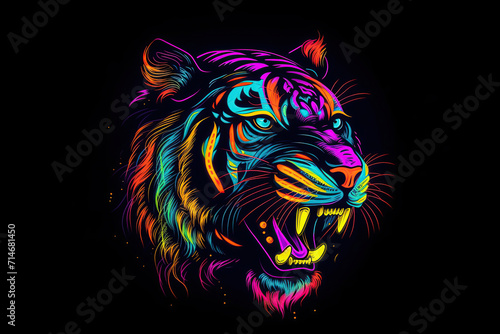 Tiger. Abstract, multicolored, neon portrait of a snarling tiger in the style of pop art on a black background. Generative AI illustration