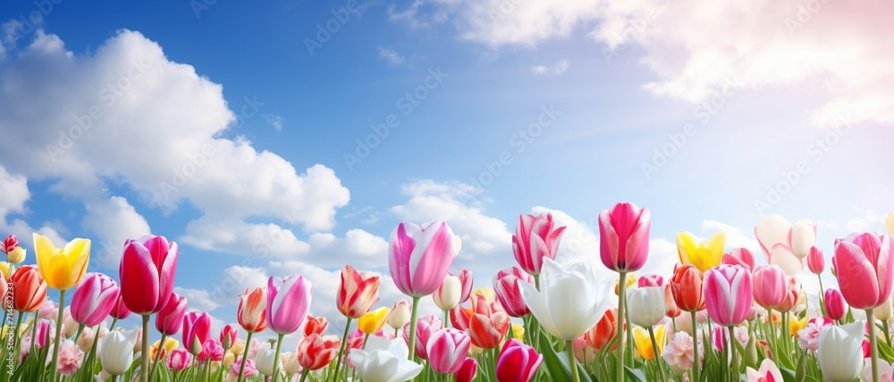 beautiful blooming tulip field on abstract blue sky in springtime, floral concept