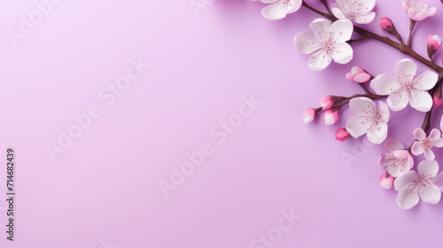 Beautiful cherry blossom branch on light purple background with copy space