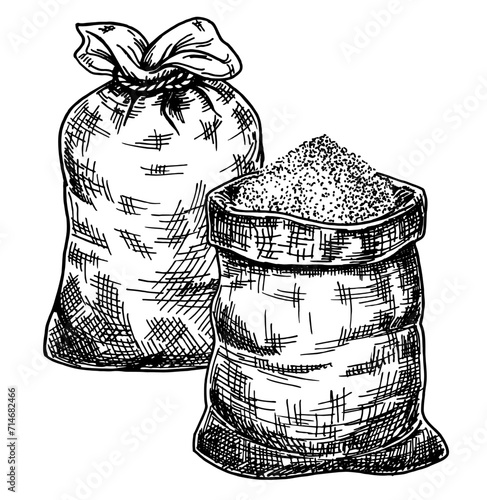 Bag with salt, sugar, flour, cereals. A full canvas bag with flour or grain. A full canvas bag tied with a rope at the top and open bag. Sketch. Hand drawn sketch vector illustration on white