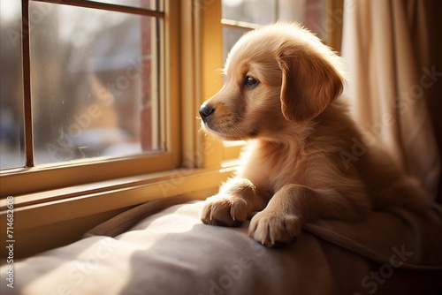 A cute labrador puppy in a bright room with natural sunlight shining through the window.