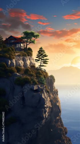 sunset over the sea with rock island and house