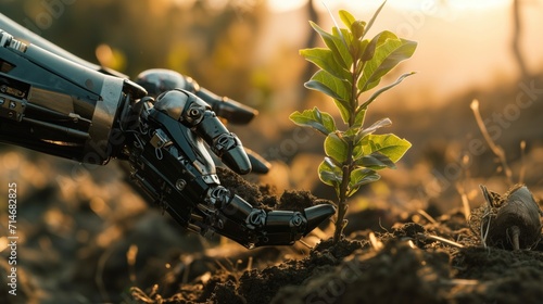 Environmental technology concept, Robot hand holding small plants, Artificial Intelligence and Technology ecology, Green technology and Environmental technology, AI, generative ai