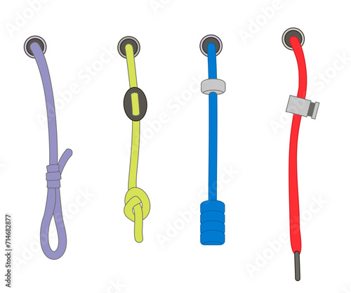 Drawstring cord stopper set. For waist band, bags, shoes, jackets, shorts, pants, dress garments, drawcord aglets for clothing, accessories. Plastic Drawcord lock end toggle to pulled, tighten. Vector