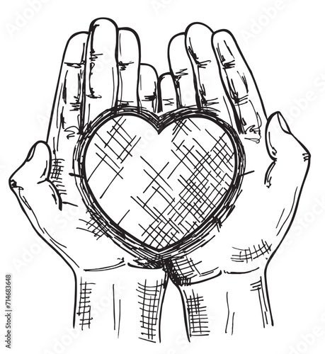 Heart in the palms of a man. Concept of love, charity, philanthropy and donation. Vector hand drawn sketch.