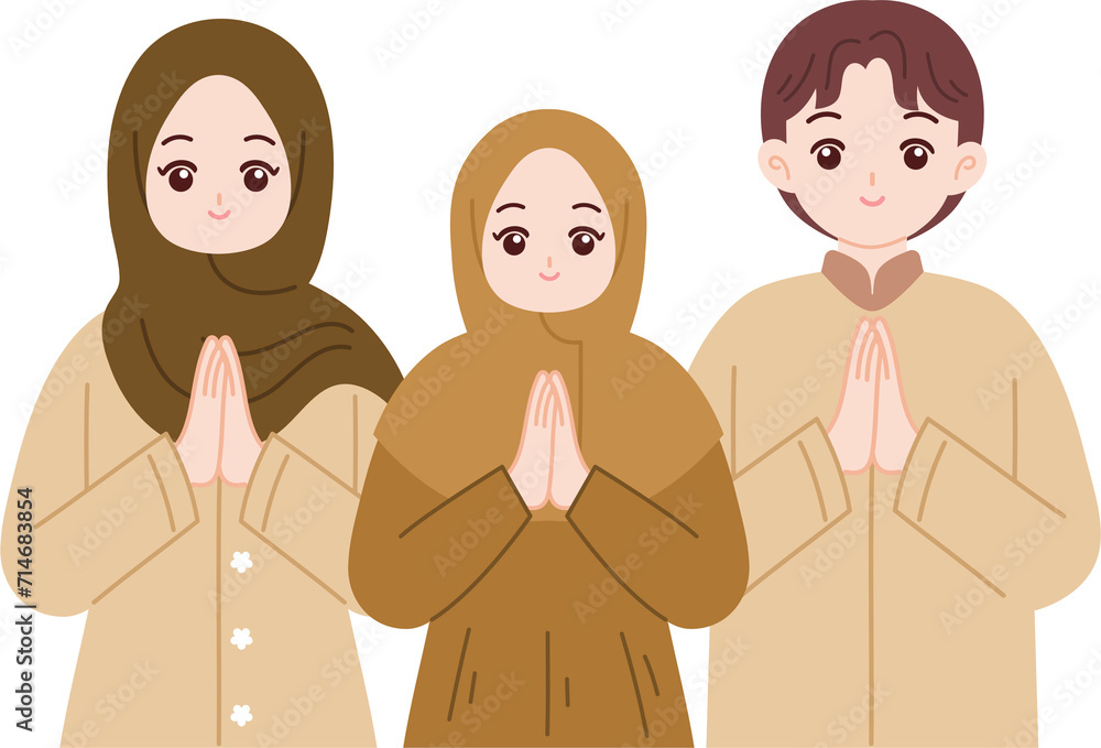 muslim family greeting eid mubarak cartoon illustration
