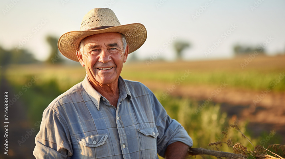 happy grandfather farmer on farm field background