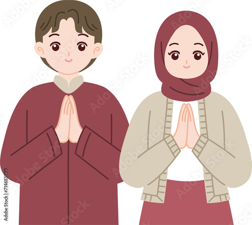 muslim family greeting eid mubarak cartoon illustration