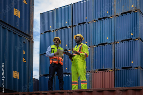 Foreman or worker work at Container cargo site check up goods in container. Foreman or worker checking on shipping containers. Logistics and shipping.