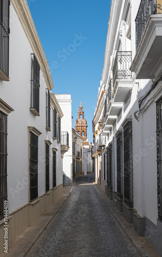 Una calle estrecha y adoquinada con tradicionales casas blancas en la villa de Jerez de los Caballeros  Espa  a