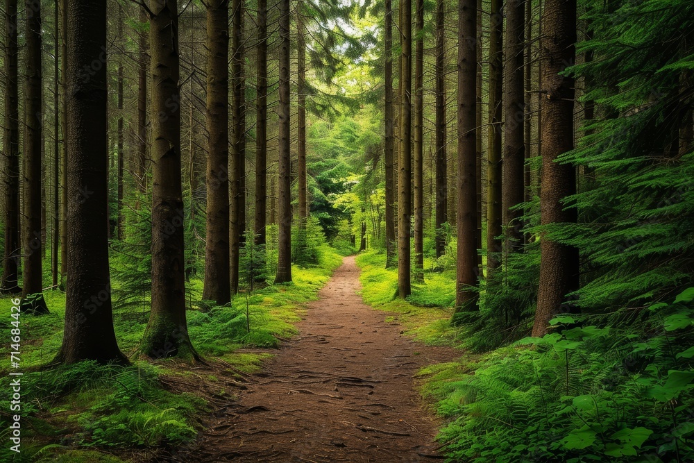 Trail through tall trees in a lush forest