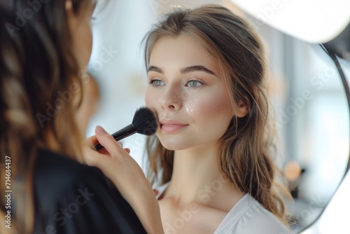 Young woman applying makeup in front of the mirror